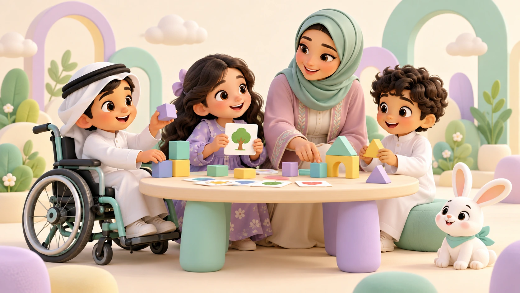 رسم كرتوني ثلاثي الأبعاد لأطفال يتعلمون مع معلمة في بيئة شاملة، بينهم طفل يستخدم كرسيًا متحركًا